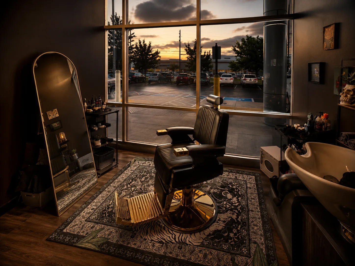 The suite at golden hour: one black-and-gold barber chair facing the window
